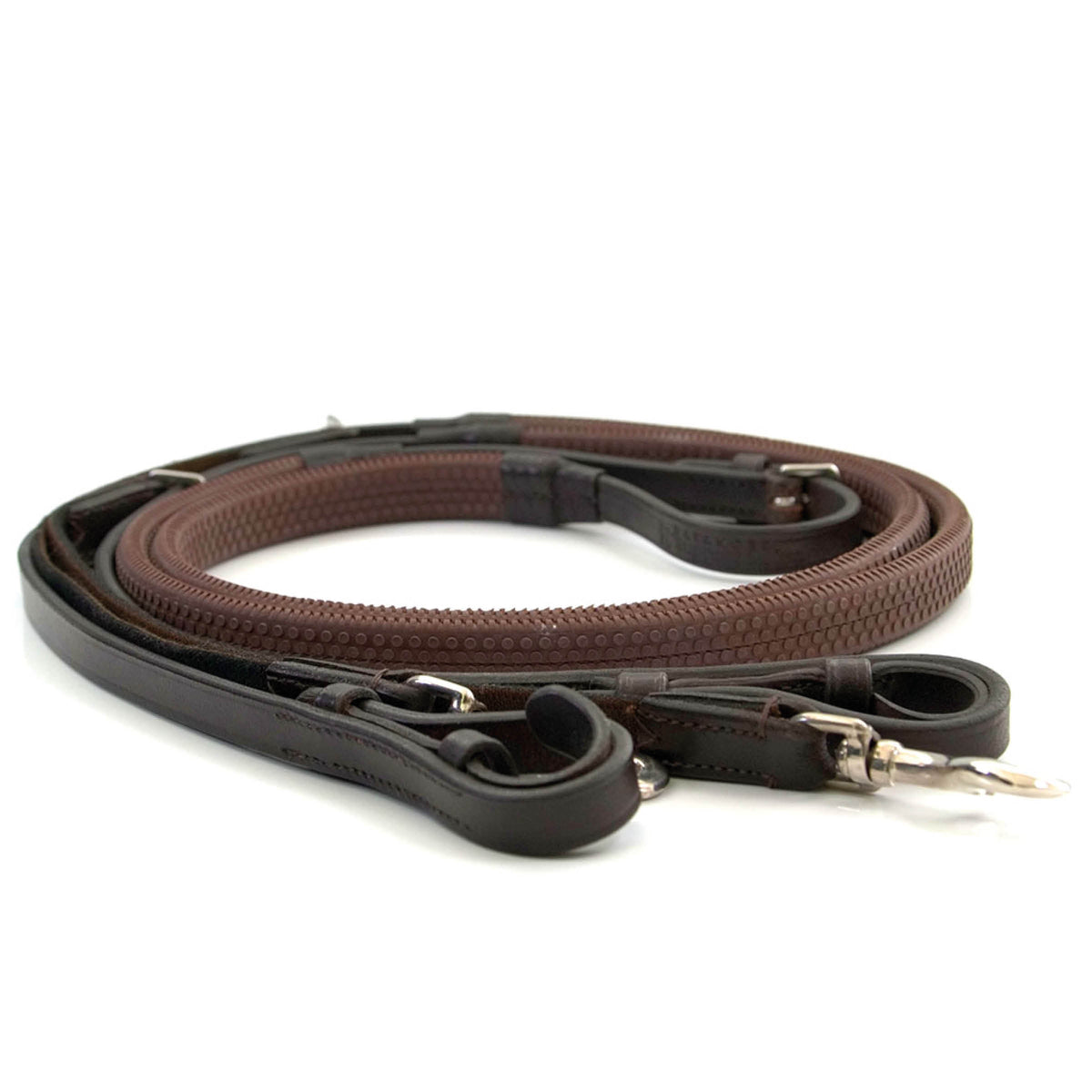 Horse reins - balanced support reins in full rubber havana brown.